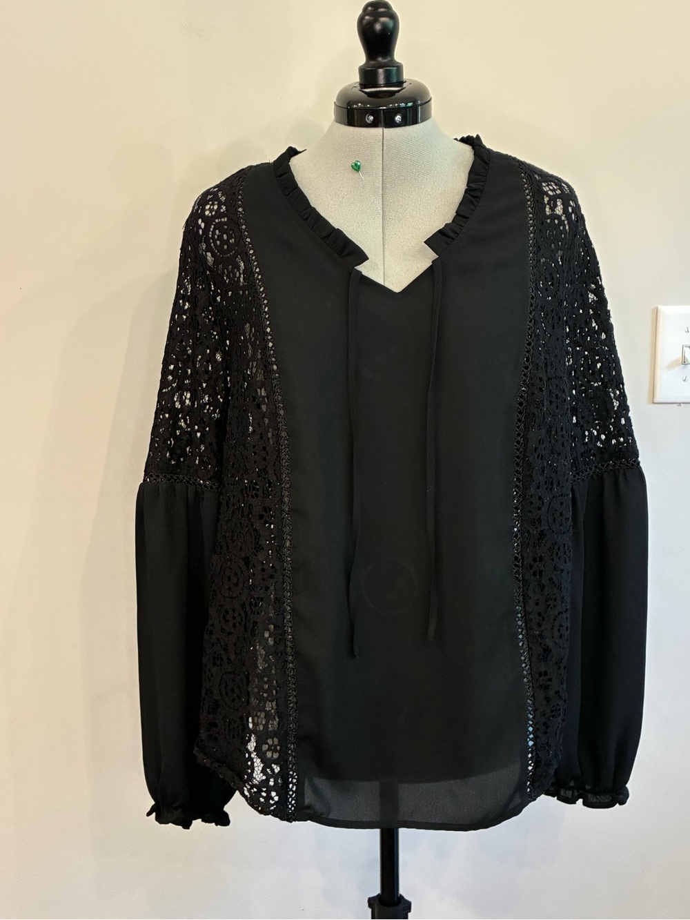 Cato Black Lace-Sleeve Peasant Top